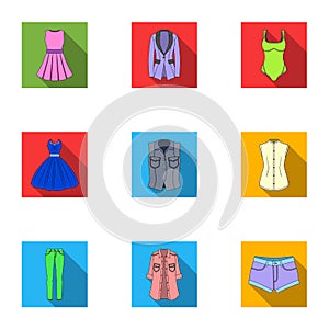 Collection of icons of womens clothing. Various women`s clothes for work, walking, sports. Women clothing icon in set