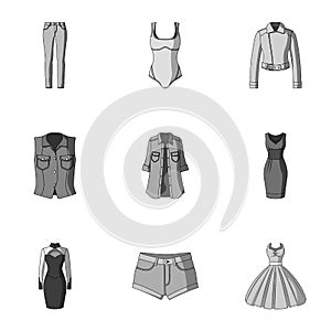 Collection of icons of womens clothing. Various women`s clothes for work, walking, sports. Women clothing icon in set