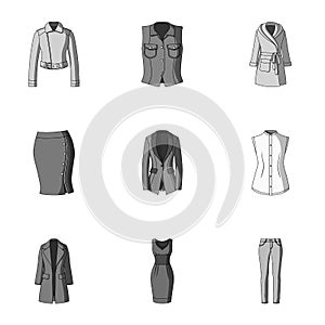 Collection of icons of womens clothing. Various women`s clothes for work, walking, sports. Women clothing icon in set