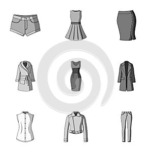 Collection of icons of womens clothing. Various women`s clothes for work, walking, sports. Women clothing icon in set