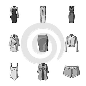 Collection of icons of womens clothing. Various women`s clothes for work, walking, sports. Women clothing icon in set