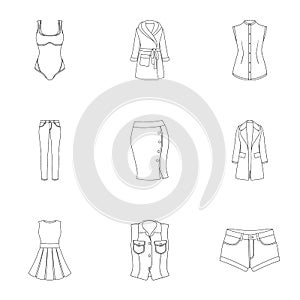 Collection of icons of womens clothing. Various women`s clothes for work, walking, sports. Women clothing icon in set