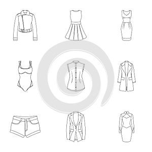 Collection of icons of womens clothing. Various women`s clothes for work, walking, sports. Women clothing icon in set