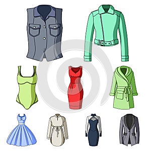 Collection of icons of womens clothing. Various women`s clothes for work, walking, sports. Women clothing icon in set