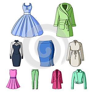 Collection of icons of womens clothing. Various women`s clothes for work, walking, sports. Women clothing icon in set