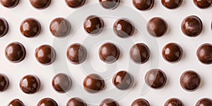 A collection of identical round chocolate truffles arranged in a grid pattern on a white background