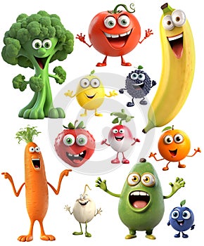 collection of illustrated funny happy fruits and vegetables with eyes, isolated on white background