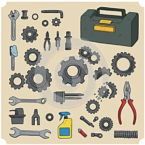 A collection of illustrated mechanical and hand tools on a plain background. Includes