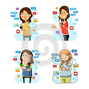 Collection illustration of women carrying smartphone accesing social media with different design style