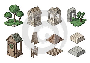 A collection of illustrations featuring various building elements