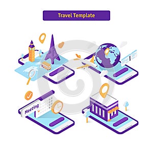 Collection of illustrations. Travel Website Template. Modern Flat Vector Illustrations. Landing Page. Social Media Concept.