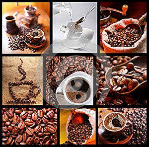 Collection of images with coffee.