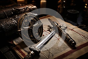 A collection of images showcasing authentic artifacts from the Knights Templar era, such as swords, armor, and ancient manuscripts