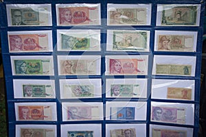 Collection of Indonesia`s paper money displayed in a museum photo taken in Bogor Indonesia