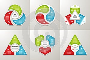 Collection of Infographic Templates for Business. Three steps cycling diagrams. Vector Illustration.