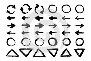 Collection of ink Brush Strokes arrows, triangles, circles. Set of vector Grunge Brushes. Dirty textures