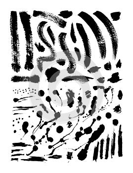 Collection of ink Brush Strokes and splatter. Set of vector Grunge Brushes. Dirty textures of frames and design elements