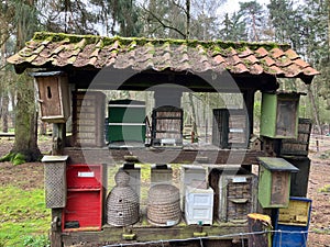 A collection of insect hotels and beehives in Wildpark Gangelt