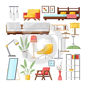 Collection interior design decorative elements illumination furniture isometric icon vector