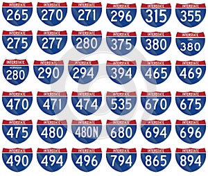 Collection of Interstate highway shields used in the US