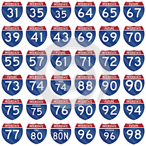 Collection of Interstate highway shields used in the US