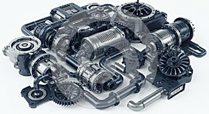 A collection of intricate mechanical components, featuring various