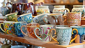 A collection of intricate and unique drinkware can be seen on the counter ranging from delicate teacups to oversized