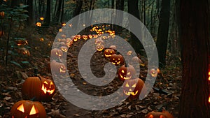 A collection of intricately carved pumpkins are arranged along a path in a wooded area, Spooky forest pathway lined with carved