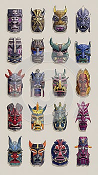 A collection of intricately designed masks arranged in a 4x5 grid, showcasing a photo