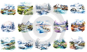 Collection of isolated clipart illustrations of summer and winter landscapes with mountains, lakes and rivers. Set of watercolor