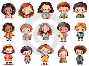 Collection of isolated portraits of cute cartoon little kids, happy preschoolers, children avatars, multiethnic characters boys