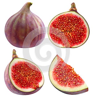 Collection of isolated whole and cut figs