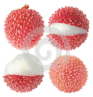 Collection of isolated whole and cut lychee fruits