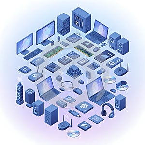 Isometric digital technology components and computer hardware collection electronic
