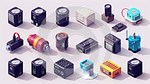 A collection of isometric 3D electronic components