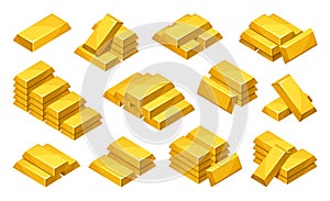 Collection isometric gold bars vector ingot pyramid yellow metallic block rich brick wealth