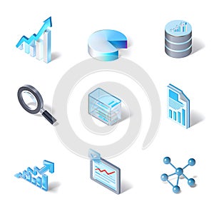 Isometric business analytics icons for data visualization and finance  on transparent background