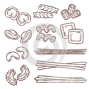 Collection italian pasta. Different types of uncooked pasta for backgrounds, menu, stickers, cafe, restaurant, bar, shop