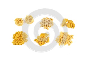 Collection of italian pasta portion isolated on white background.