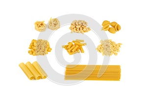 Collection of italian pasta portion isolated on white background.