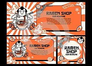 Collection of Japanese Sumo Eating Ramen Banner Vector Illustration