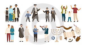 Collection of jews and Jewish or Hebrew symbols. Couple, happy family, boys reading Torah and playing Shofar. Cute