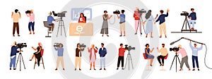 Collection of journalists, talk show hosts interviewing people, news presenters and cameramen or videographers with