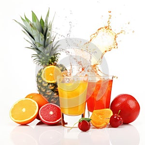 Collection of juice glasses and fresh juice (orange, tomato and pineapple) isolated on white created with Generative AI