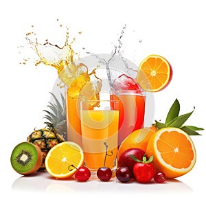 Collection of juice glasses and fresh juice (orange, tomato and pineapple) isolated on white created with Generative AI