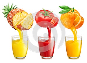 Collection of juice glasses and fresh juice pouring from fruits into the glasses, isolated on a white background. Creative image