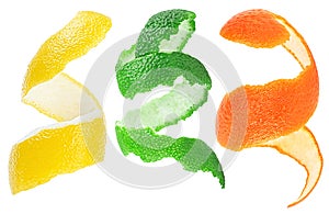 Collection of juicy citrus peels isolated on white background. Lemon, lime and orange twist