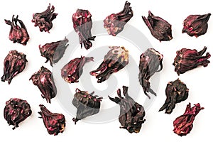 Collection of karkade tea calyces. Separated dried hibiscus flowers. Set of red hibiscus petals isolated on a white background.