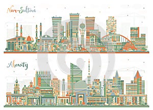 Collection of Kazakhstani Cities. Almaty and Nur-Sultan Kazakhstan City Skyline Set with Color Buildings