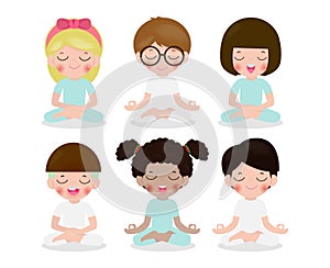 Collection of kid meditating in lotus pose. Cute cartoon children yoga and meditation vector illustration in flat style isolated